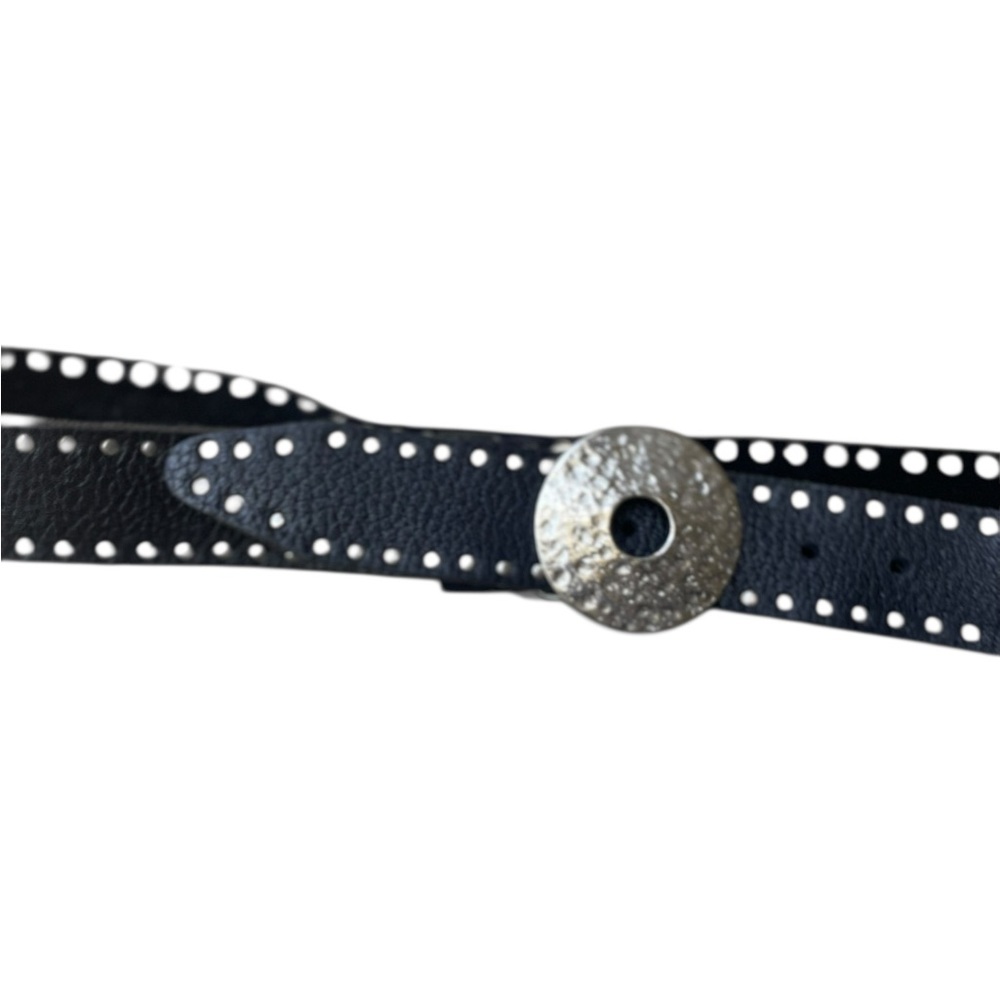 VTG ARTISAN CRAFTED Black Leather Hammered Wheel Double Rivet Leather Belt 32-36 - Picture 7 of 10